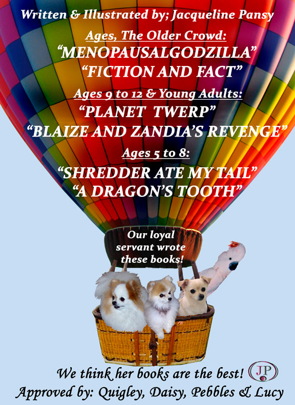 Picture of the author's 4 pets in a hot air baloon.  JacquelinePansy.weebly.com