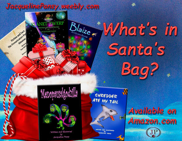 Santa's Bag filled with books by Jacqueline Pansy. Bag?  JacquelinePansy.weebly.com.'