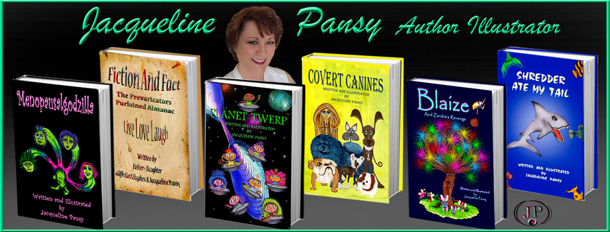 Image of author Jacqueline Pansy with six of her books and text 'Jacqueline Pansy Author Illustrator'